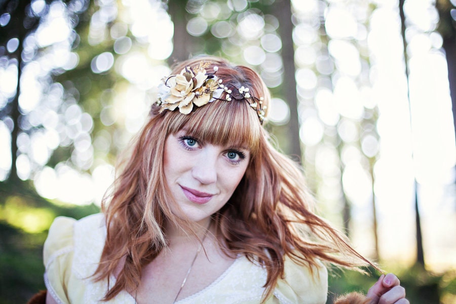 rustic wedding hair accessories, flower crown, cream headpiece, bridal hair wreath - WILDWOOD - woodland flower wreath, bridal crown, boho