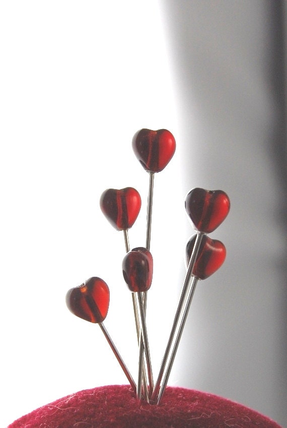 Ruby red Heart Straight Pins - Set of 6 medium long glass head pins