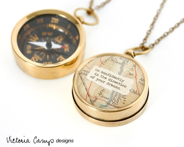 Working Map Compass Necklace - Go Confidently in the Direction of Your Dreams - or Personalized Quote, Travel, Graduation Gift