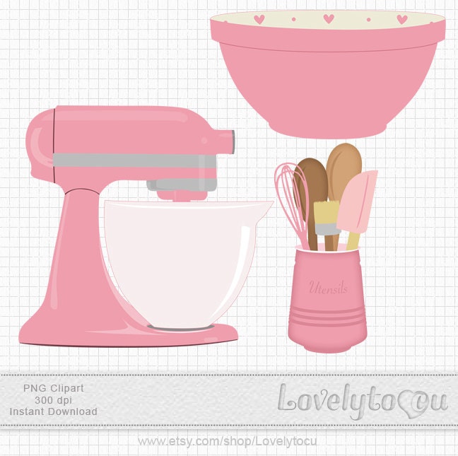 Kitchen Baking clip art set mixer, utensils and bowl, digital PNG clip art (pink 220)