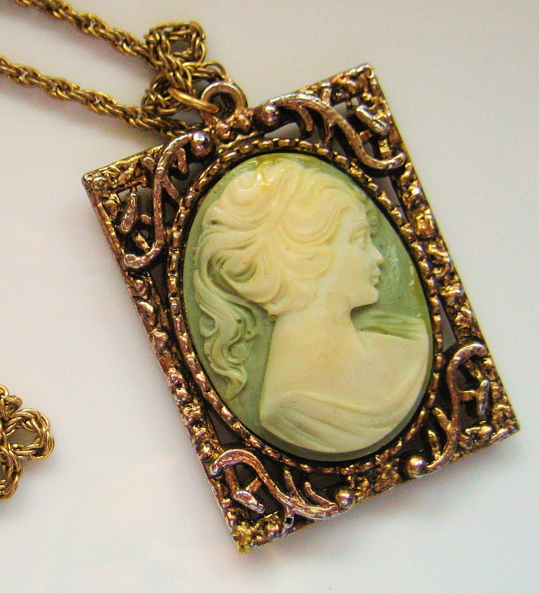 Vintage Pistachio Green Cameo, Rectangle with Rope Chain Shipping Included to USA