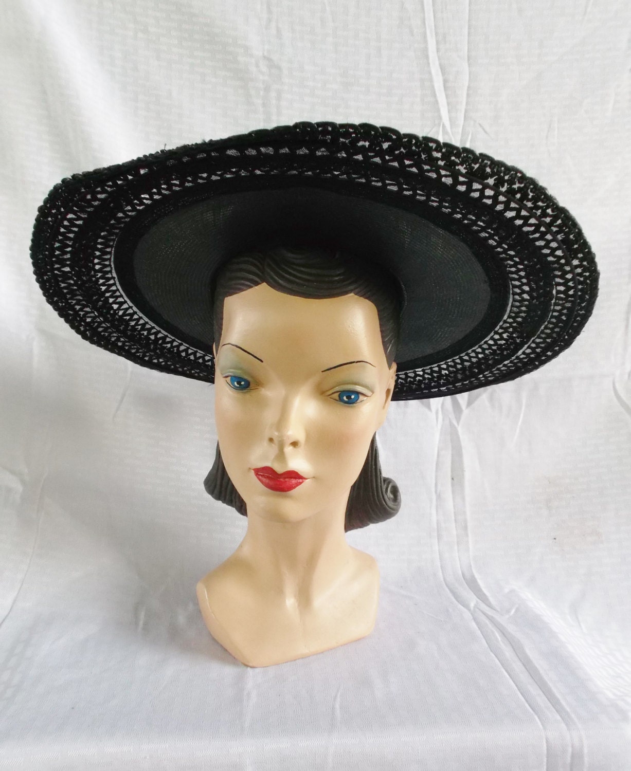 1940's Vintage Black Straw Wide Brim Hat with Lacy Edge Original By Lecie and New York Creation