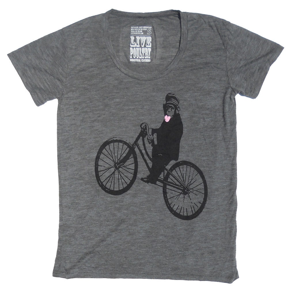 Women's TShirt, Monkey on Bicycle in Scoop Neck Grey  S, M, L, XL