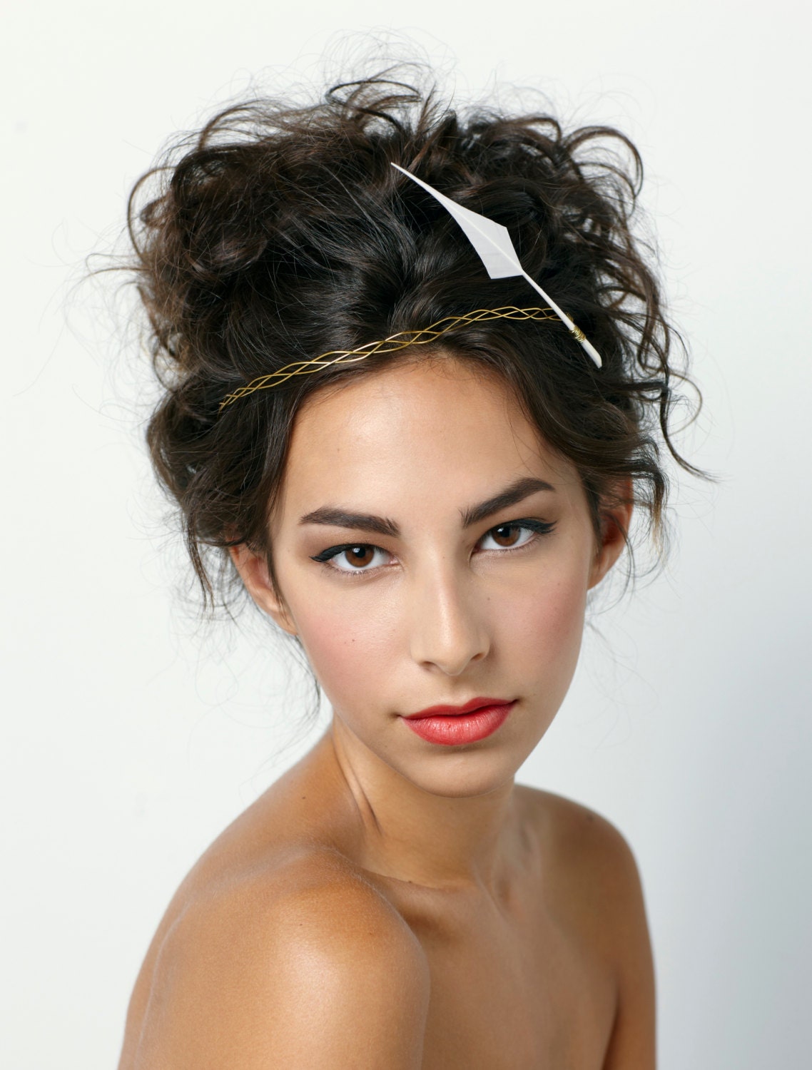 Bridal headband, Arrow feather and braided gold