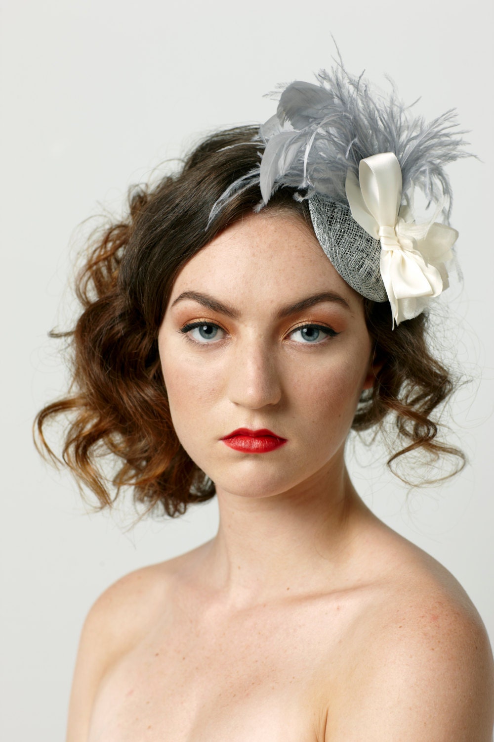 Bridal headpiece, Silver mini hat with ivory silk bow, flowers and feathers
