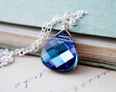 Crystal Blue Necklace Swarovski Wire Wrapped Indigo Pendant Sterling Silver PoleStar Violet Purple