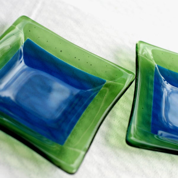 Fused Glass Plates - Blue Sky and Green Grass - set of two