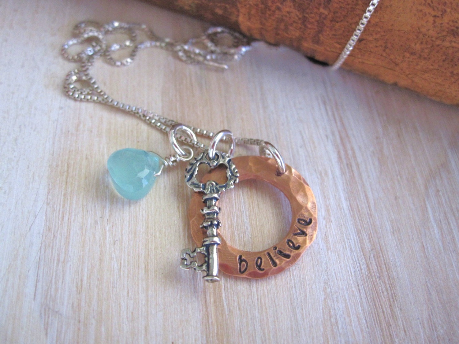 Hand Stamped Necklace... Inspirational ... Copper and Key Necklace... Custom Stamped Necklace .. Mixed Metal Jewelry