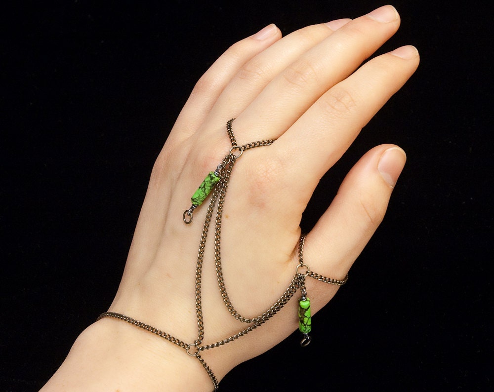 lime green turquoise bead and gunmetal hand chain // beautifully colored dyed stone beads