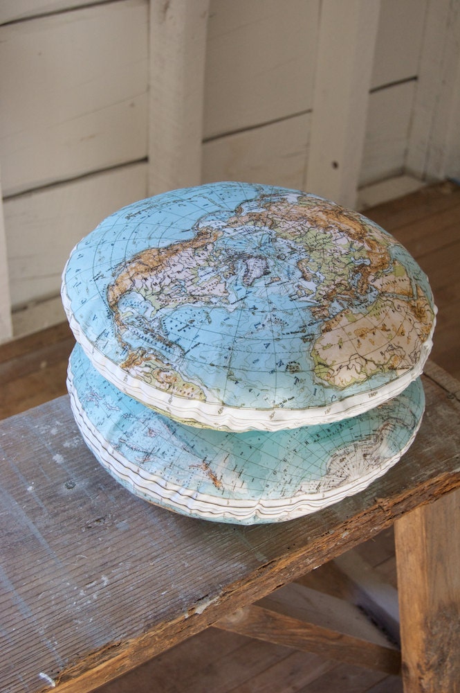 TWO vintage GLOBE organic cotton pillow KITS, made to order, 14 inch round