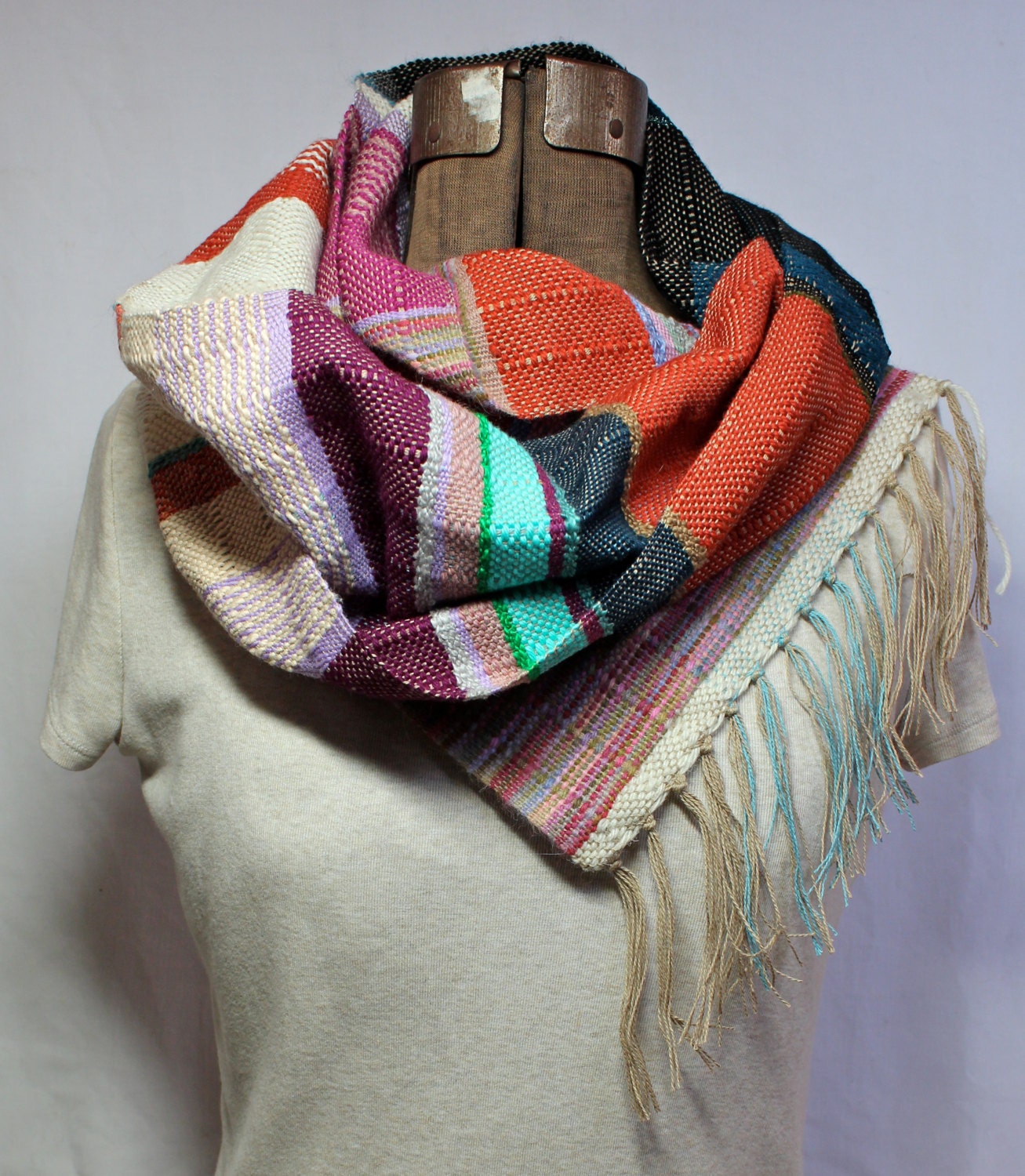 Lucy - Handwoven Punchy Poppy, Violet and Teal Scarf - Earth Friendly Fashion Scarf