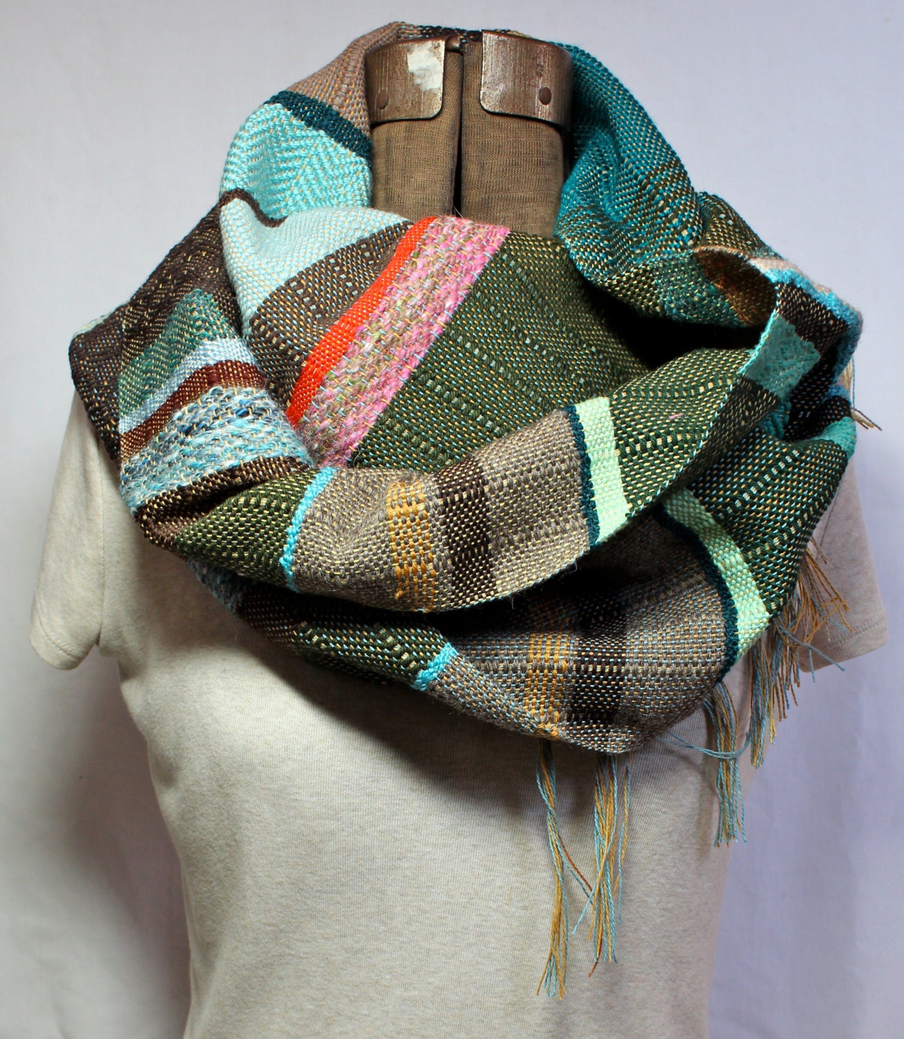 Gus- Handwoven Emerald, Chocolate and Peacock Earth Scarf - Organic and Recycled Cottons