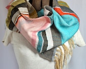 Nina- Handwoven Summer Scarf in Soft Pink, Turquoise and Olive