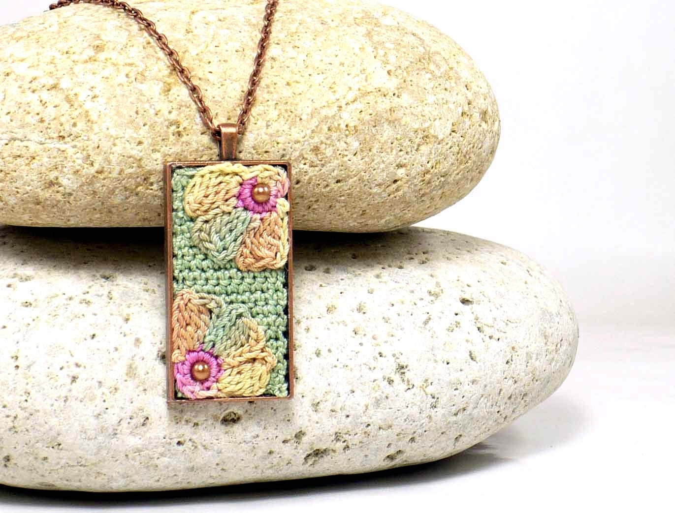 Bridesmaid Flower Necklace Antique Copper Pendant Sage Yellow Beige Rose Crochet Flower Pendant