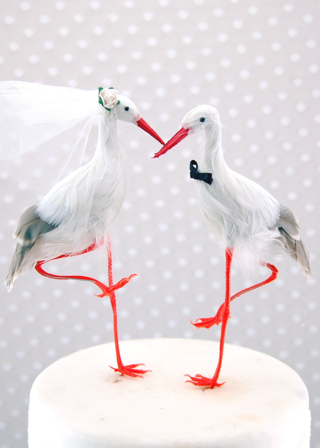 White Crane Love Birds: Unique Bride & Groom Wedding Cake Topper in White, Grey and Orange - Crane, Stork, Heron, Egret