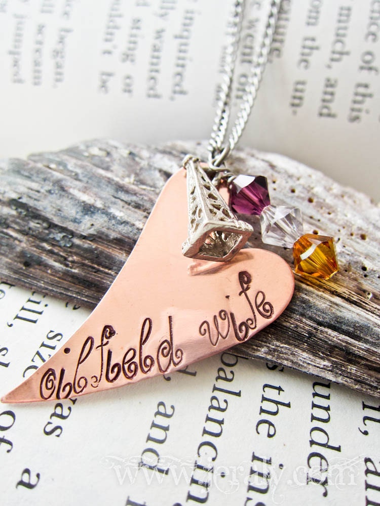 Oilfield Wife Stamped Heart Necklace with Sterling Silver Oil Rig Derrick, Swarovski Crystals, Copper Crazy Heart