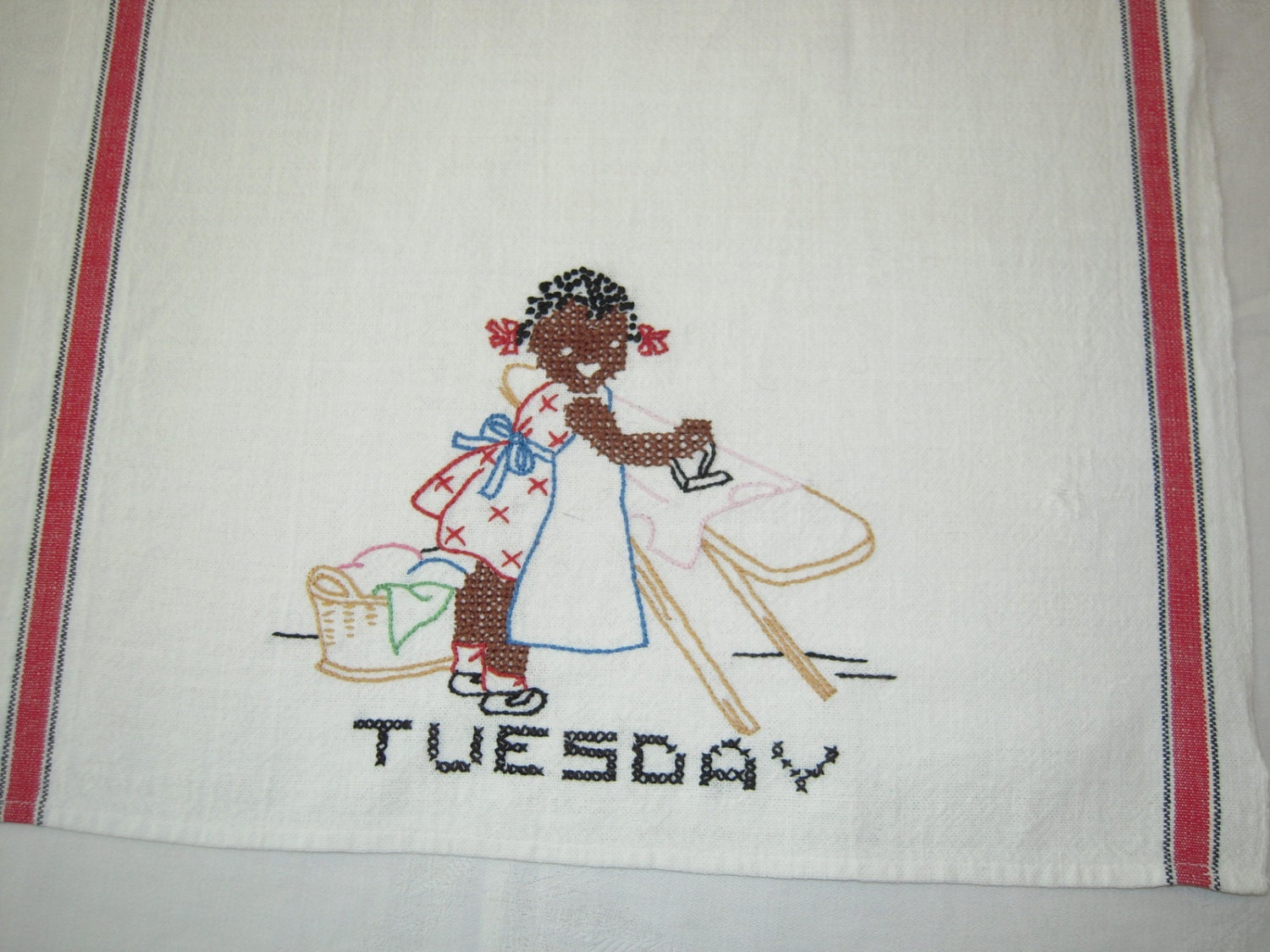 Vintage Black Americana Towel Little Girl Irons on Tuesday