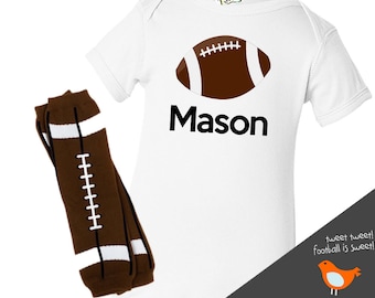 Personalized football onesie or t-shirt and leg warmers set great new baby or baby shower gift