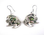 Sterling Silver Abalone Shell Fish Earrings, Pierced,Vintage Jewelry, Nautical, Resort Jewelry,Tropical Fish,  Taxco Mexico