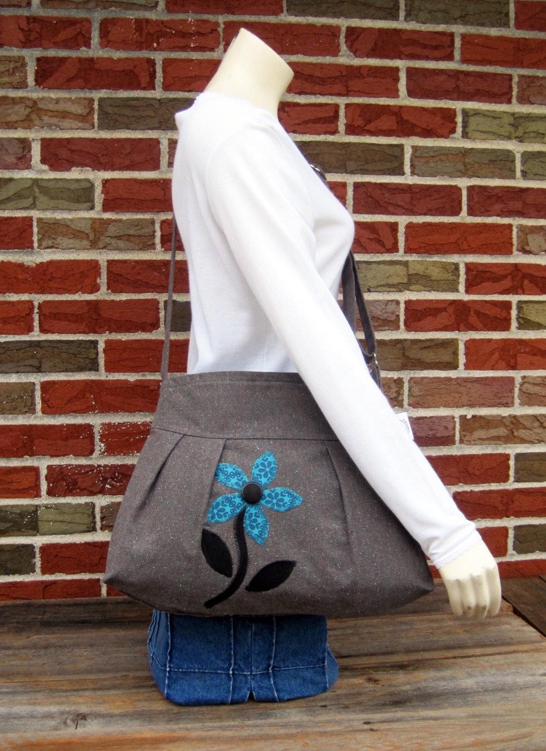 Sophisticate Purse Long in Gray, Recycled Fabric with an Adorable Organic Appliquéd Blossom of Your Choice