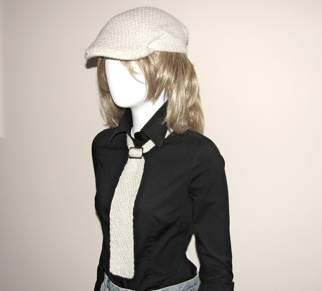 Hand Knit Set English Driver's Hat and Necktie - Off White - Unisex