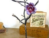 Tall metal jewelry bracelet necklace tree with enamel flowers - great for shop display