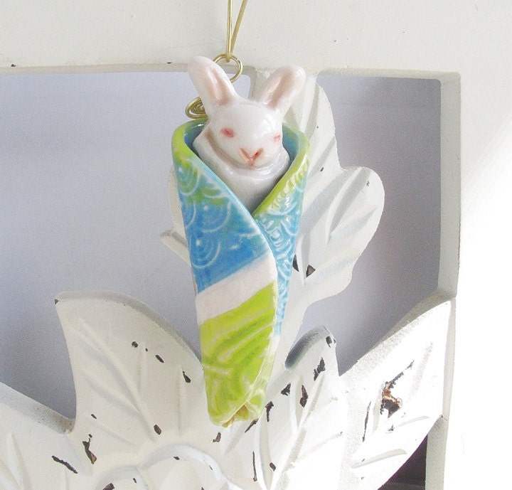 Ceramic Bunny Rabbit Papoose Ornament - Elegant Little Baby Porcelain Animal in Turquoise and Spring Green - NEXT DAY Shipping