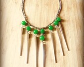 Tribal Silver Large Spikes Necklace with Dark Green Jade Beads