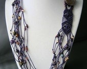 Purple Button Multi Strand Beaded Macrame Necklace Czech Glass Button