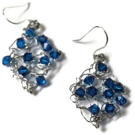 Knit Earrings Silver with Blue Swarvoski Crystals