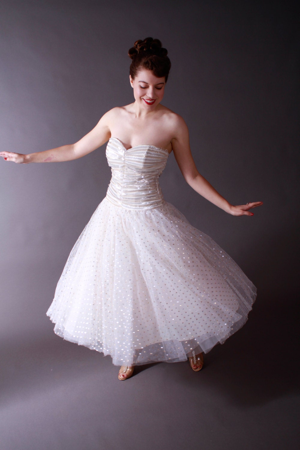 Vintage 1980s Wedding Dress - Strapless Cupcake Princess Party Dress with Silver and Gold