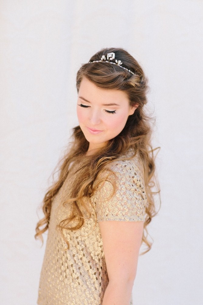 Wren Modern Boho Tiara, Rhinestone and Pearl Halo, Bridal Hair Piece, Wedding Headpiece, Crown, Bridal Headband, Ships in 1 Month