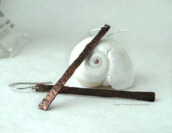 Forged dangle earrings, hammered, mixed metal sterling silver and copper, long