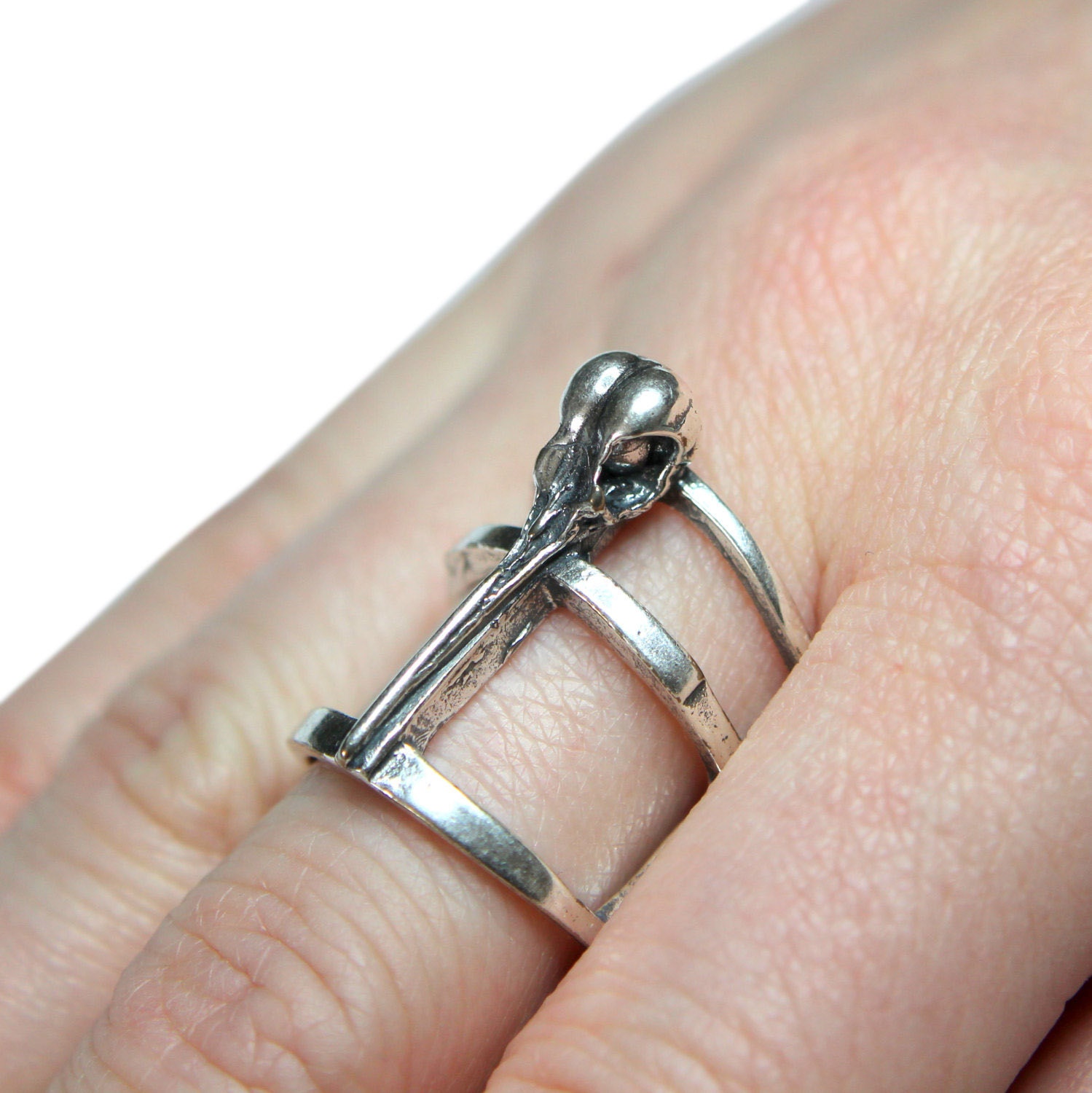 Silver Hummingbird Skull Ring  on Adjustable Cage Band Sterling Bird Skull - Primal Elegance