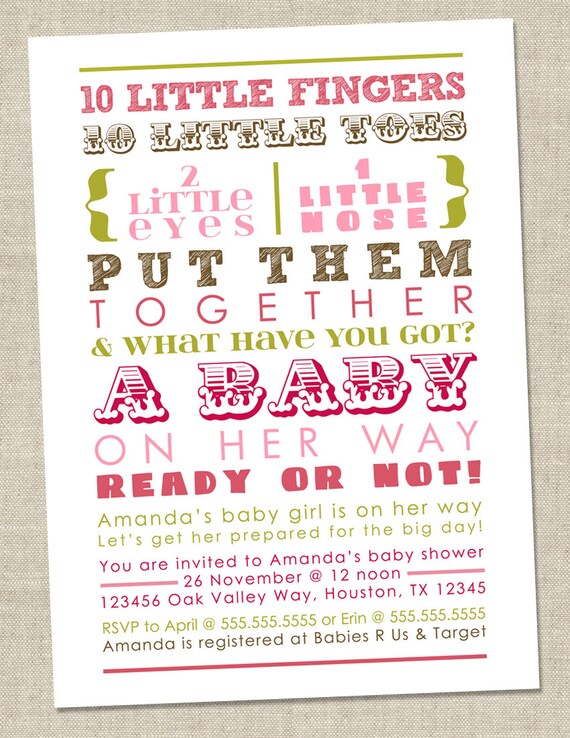 Baby Girl Shower Invitation - pink green brown words, girl, girly (Printable Digital File)