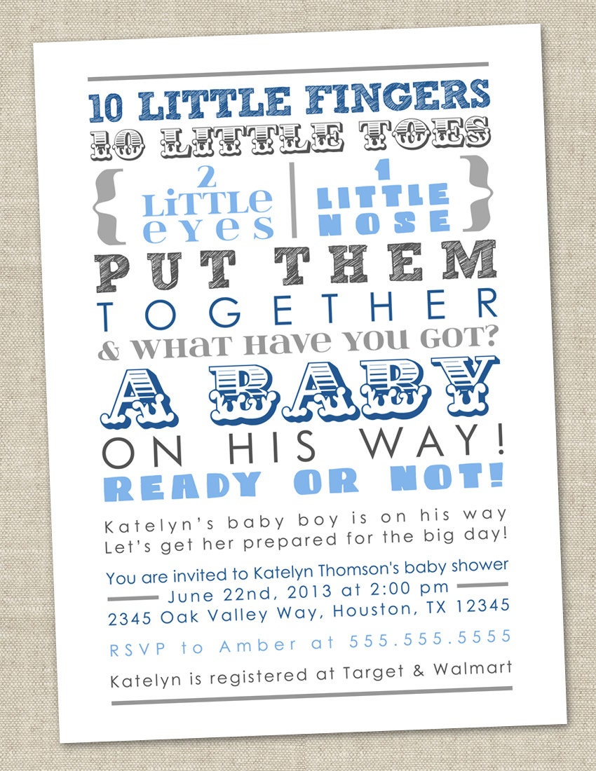 Baby Boy Shower Invitation - blue gray words, boy boyish (DIY Printable Digital File OR Printed Cards)