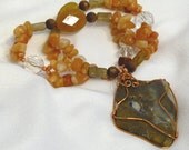 Peach Aventurine, Yellow Opal, and Quartz, with Copper-Wire Wrapped Agate Pendant - NS36