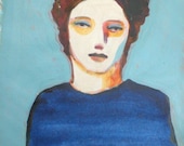 Waiting, limited edition print 1/50 of original acrylic portrait in blue and gold by Rowena Murillo