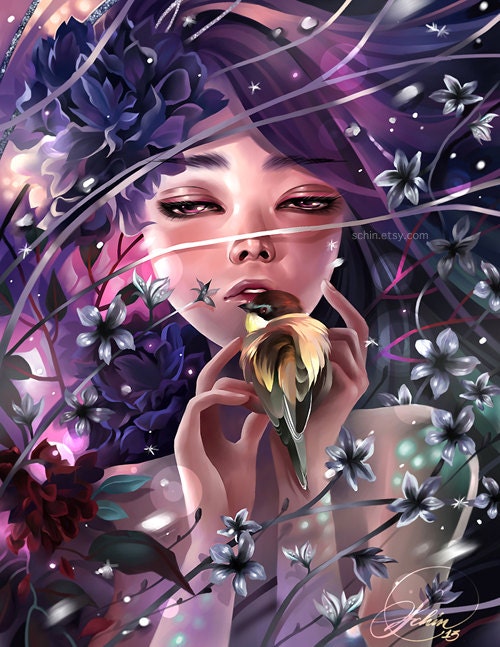 Whispers. bird winter purple twilight art print