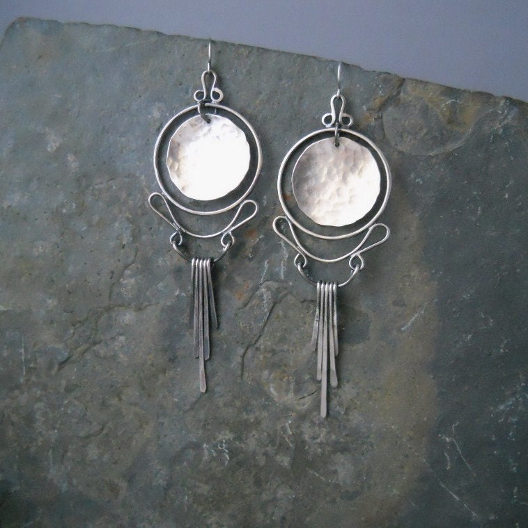 art nouveau disk and hoop earrings, sterling silver, .925, feminine, dangling earring, hand forged fine jewelry
