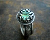 paua shell ring, sterling silver, green, blue