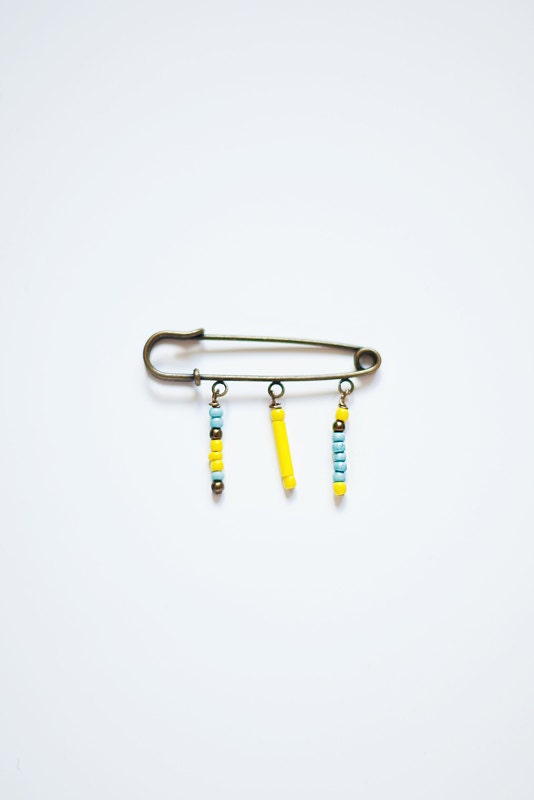 Neon Brooch /  Brass Brooch / Lemon Yellow Blue Brooch