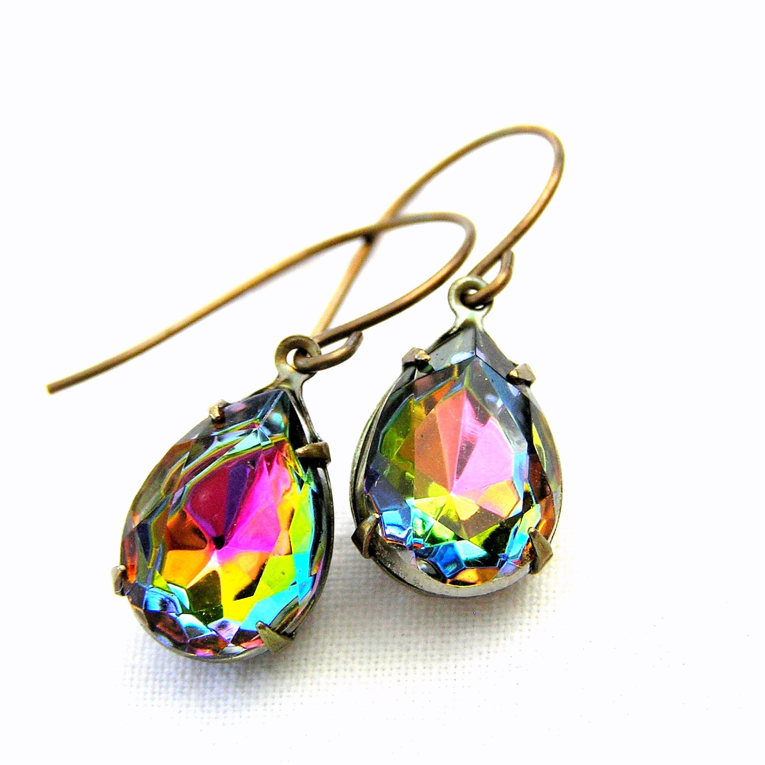Volcano Glass Earrings, Vintage Rhinestone Earrings, Vitrail Drop Earrings, Dangle Earrings, Pear-Shaped, Brass Earrings
