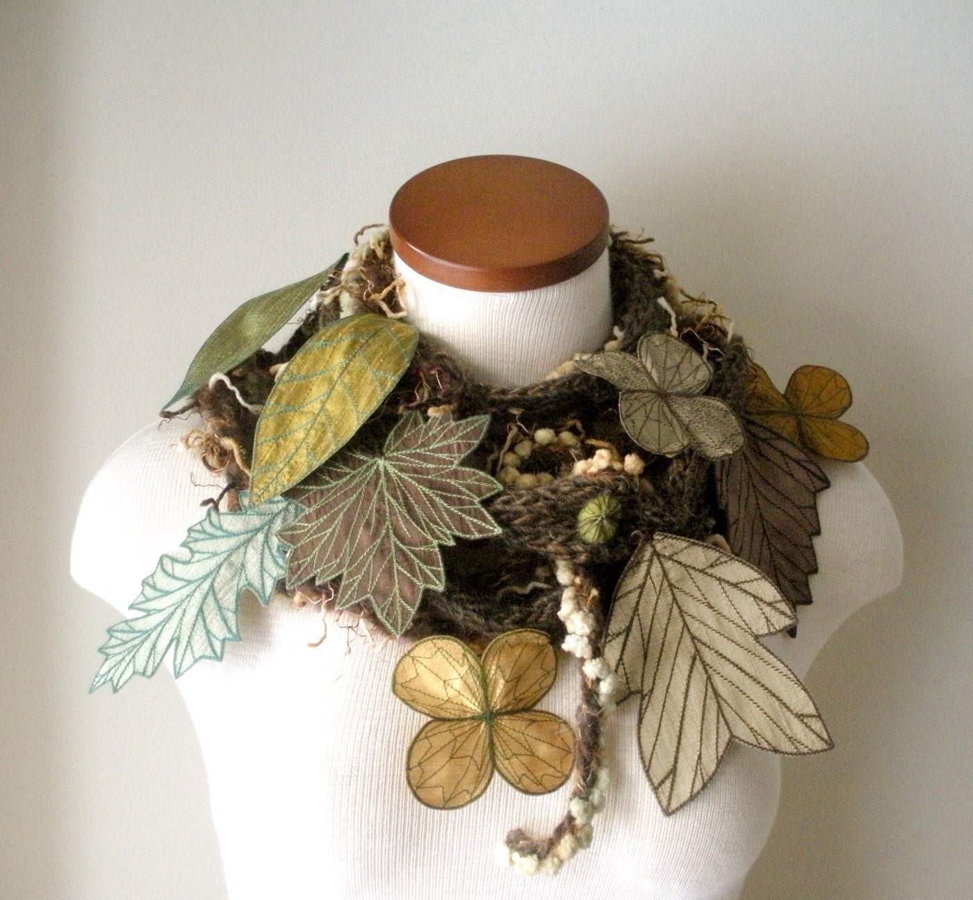 Long and Leafy Scarf with Embroidered Leaves- Brown with Leaves of Mustard, Bronze, Brown, Sage, and Olive- Fiber Art Scarf