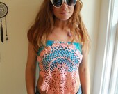 Turquoise/Pink Crochet Mandala Boho Embroidered Applique Festival Summer Hippie Bohemian Bandeau Tube Top Shirt One Size
