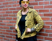 Vintage Yellow and Black Abstract Print Cropped Jacket   Lined Womens Medium