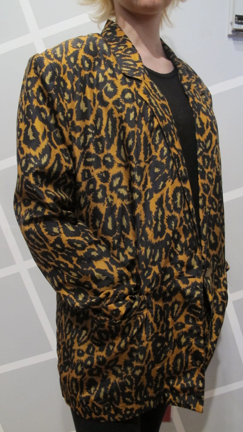 Oversized Leopard Print Silk Blazer Unisex 80s