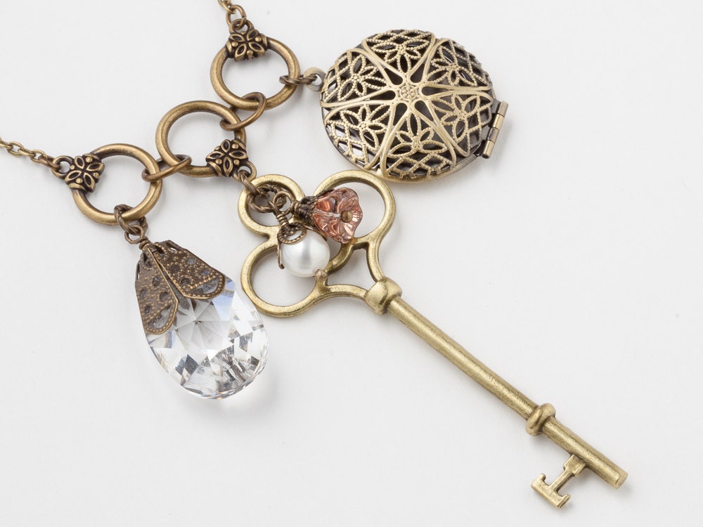 Handmade Jewelry Locket gold filigree flower Skeleton key charm crystal briolette pearls Victorian pendant Statement Necklace Gift R1103