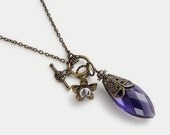 Handmade Jewelry Statement Necklace Neo Victorian gold filigree flower black pearl Amethyst purple Swarovski crystal pendant Gift R1034