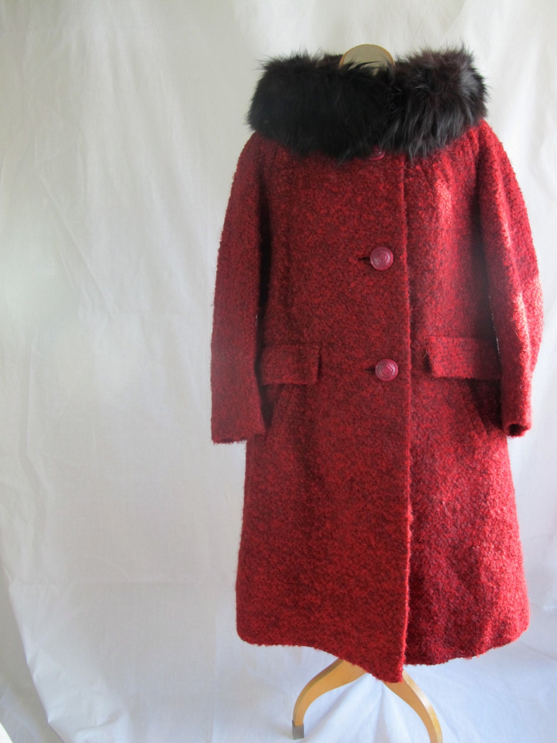 Stunning Vintage Swing 60s Red Boucle Wool Black Fur Coat